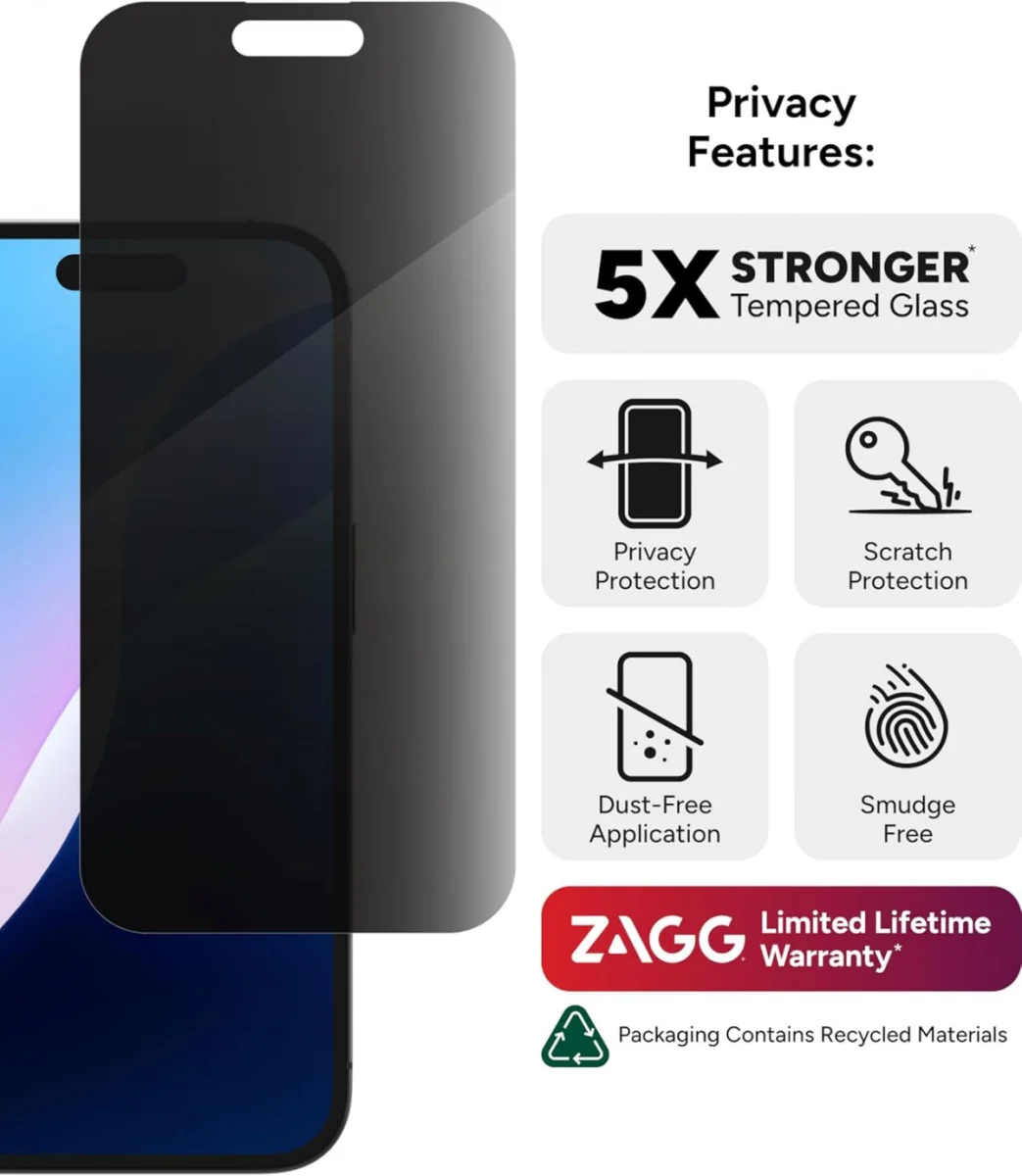 ZAGG InvisibleShield Glass Elite Privacy iPhone 16 / 15 Screen Protector afbeelding 5