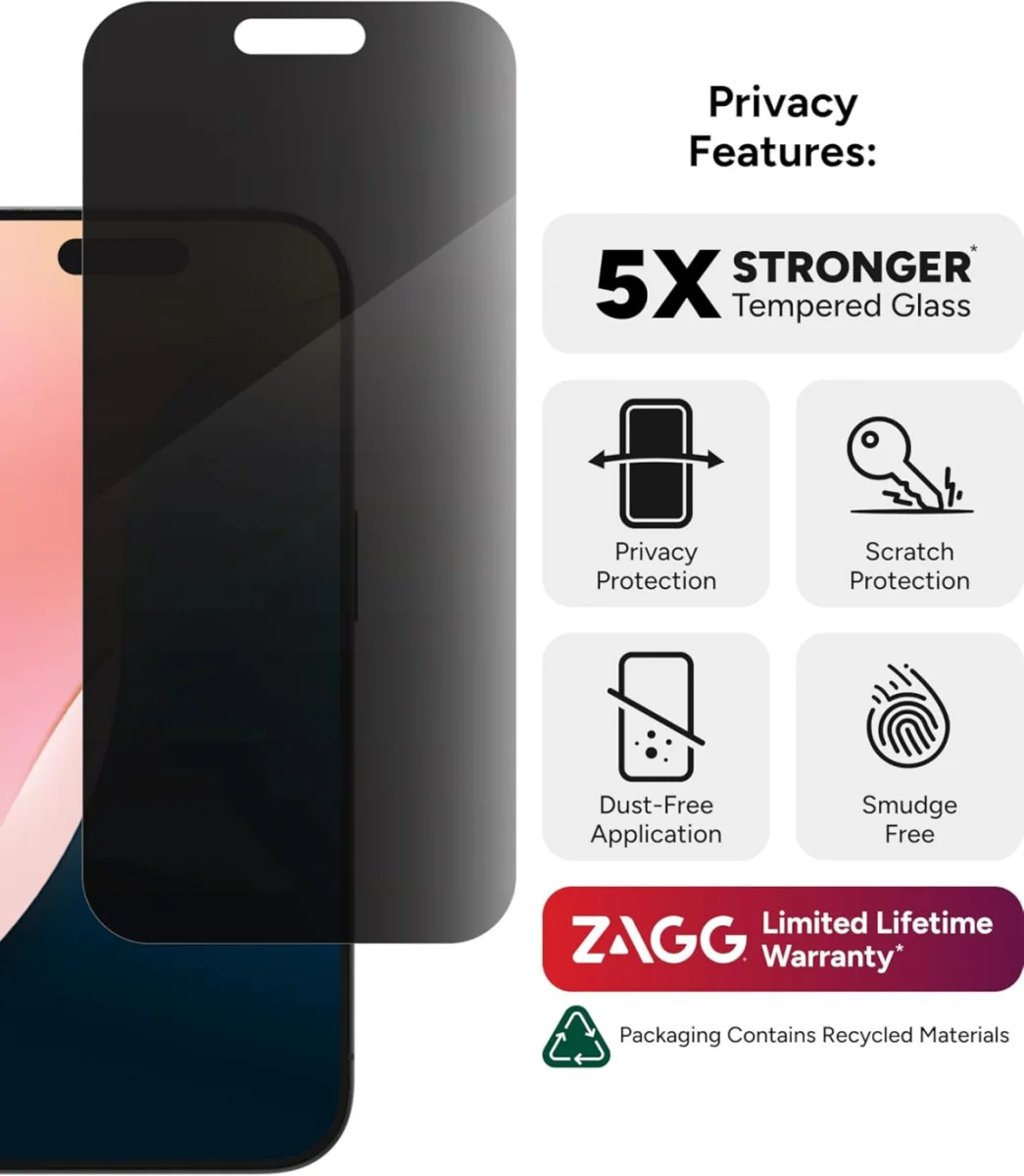 ZAGG InvisibleShield Glass Elite Privacy iPhone 16 Pro Screen Protector afbeelding 5