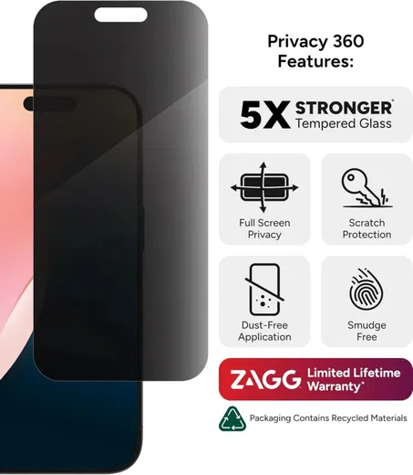ZAGG InvisibleShield Glass Elite Privacy 360° iPhone 16 Pro Screen Protector afbeelding 2