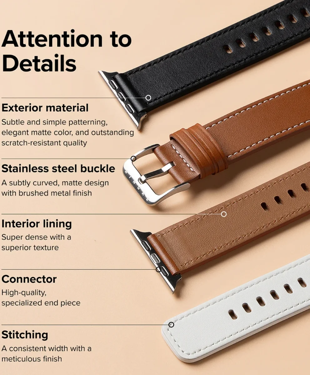 Ringke Leren Basic Bandje - Apple Watch 1-10/SE/Ultra - 49/46/45/44/42MM - Wit afbeelding 7