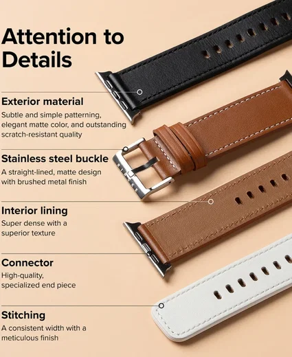 Ringe Leather Bold - Apple Watch 1-10/SE/Ultra Bandje - 49/46/45/44/42MM - Zwart afbeelding 7