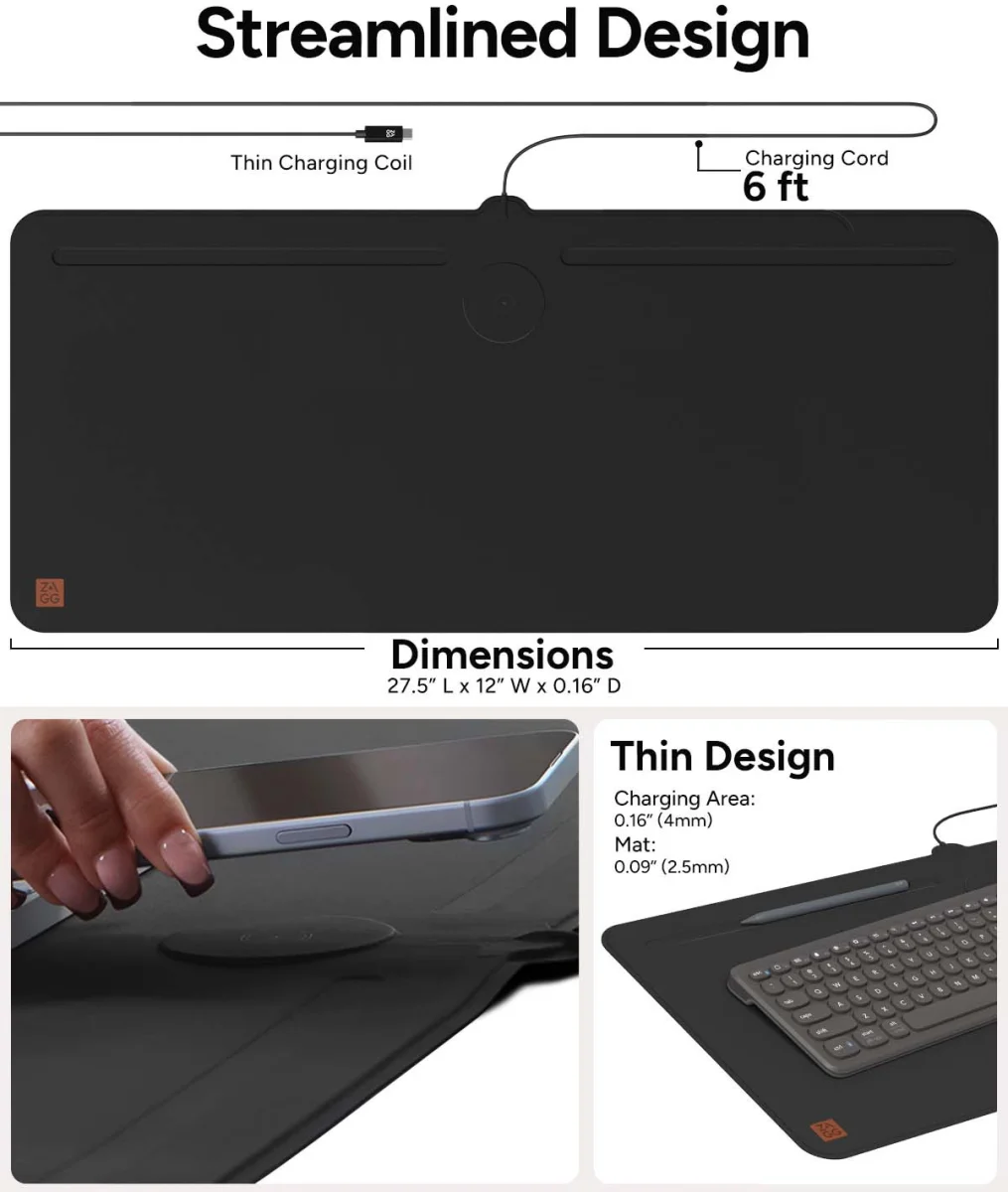 ZAGG Muismat voor Bureau/Kantoor met Draadloze Oplader 10W Zwart afbeelding 4