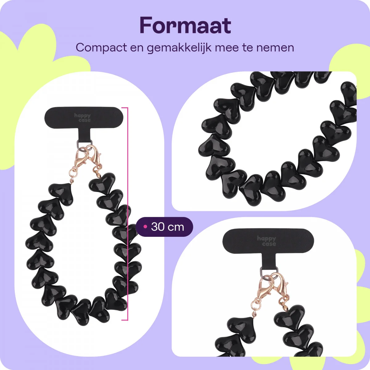 HappyCase Mykonos Universele Hartjes Armband Telefoonkoord (30CM) Zwart afbeelding 4