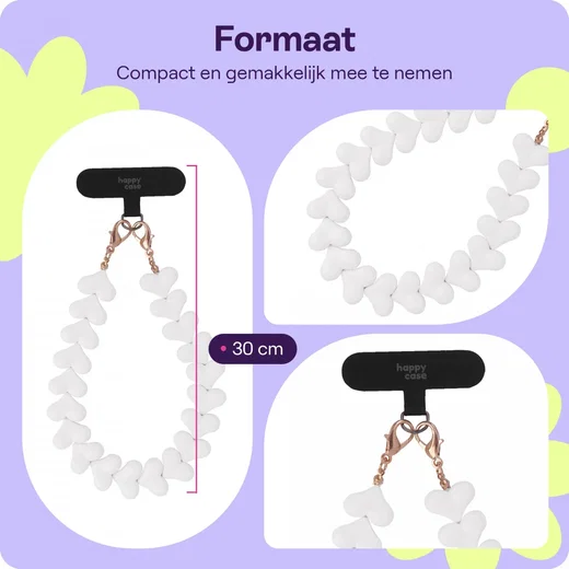 HappyCase Mykonos Universele Hartjes Armband Telefoonkoord (30CM) Wit afbeelding 4