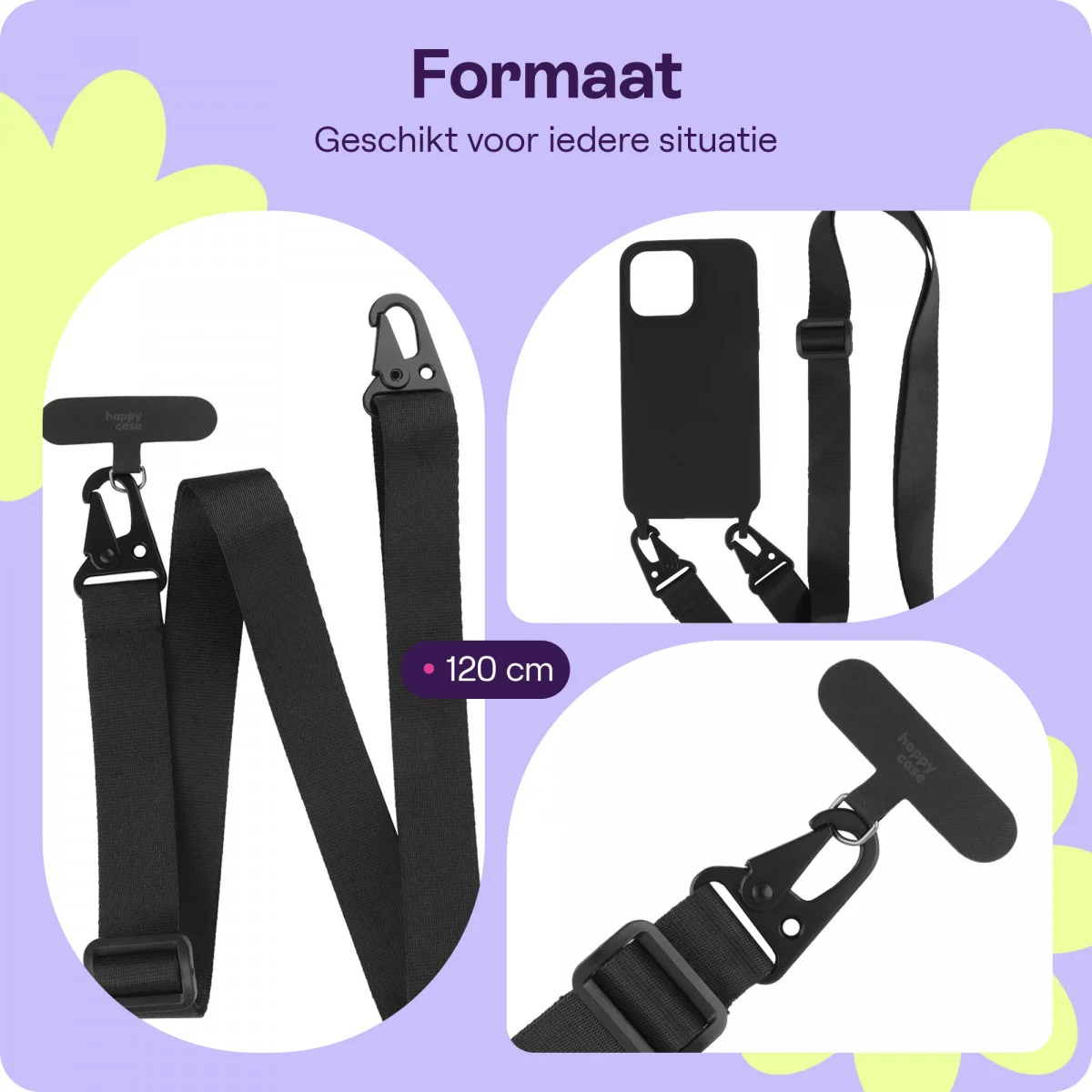 HappyCase Elba Universeel / Verstelbaar Keycord Telefoonkoord (120CM) Zwart afbeelding 3