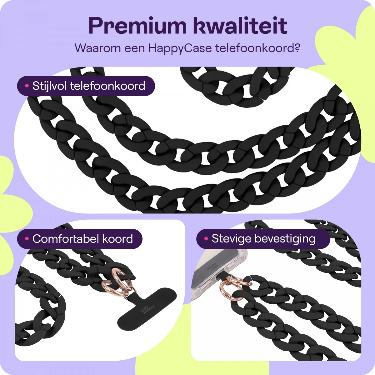 HappyCase Madeira Universele Crossbody Ketting Telefoonkoord (120CM) Zwart afbeelding 2