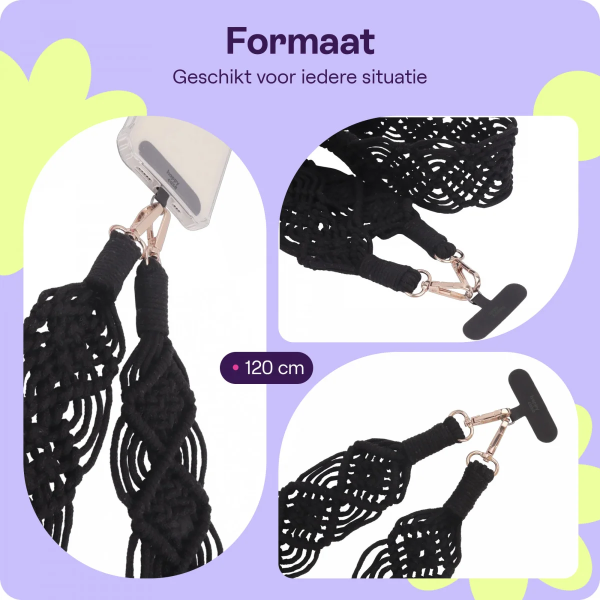 HappyCase Ibiza Universeel Stoffen Crossbody Telefoonkoord (120CM) Zwart afbeelding 3