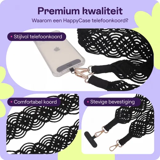 HappyCase Ibiza Universeel Stoffen Crossbody Telefoonkoord (120CM) Zwart afbeelding 2