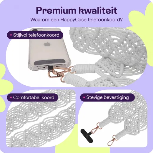 HappyCase Ibiza Universeel Stoffen Crossbody Telefoonkoord (120CM) Wit afbeelding 2