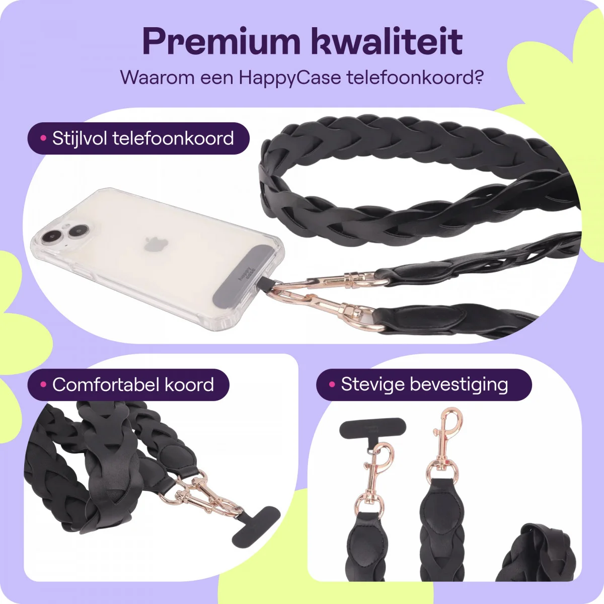 HappyCase Zanzibar Universeel Leren Riem Telefoonkoord (120CM) Zwart afbeelding 2