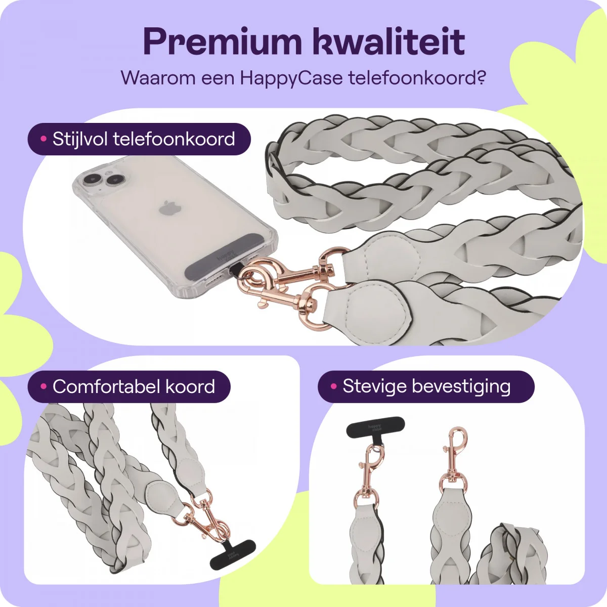 HappyCase Zanzibar Universeel Leren Riem Telefoonkoord (120CM) Beige afbeelding 2