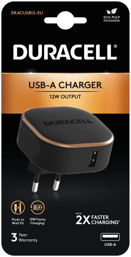 Duracell 12W Wall Fit USB-A Adapter Telefoon/Tablet Oplader 2.4A Zwart afbeelding 2