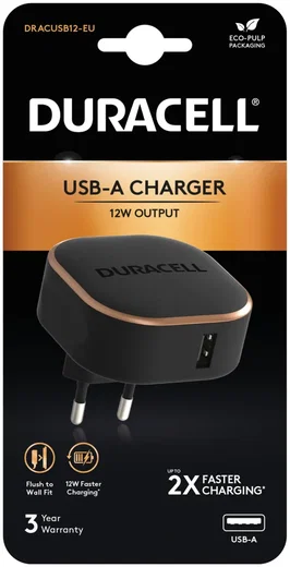 Duracell 12W Wall Fit USB-A Adapter Telefoon/Tablet Oplader 2.4A Zwart afbeelding 2
