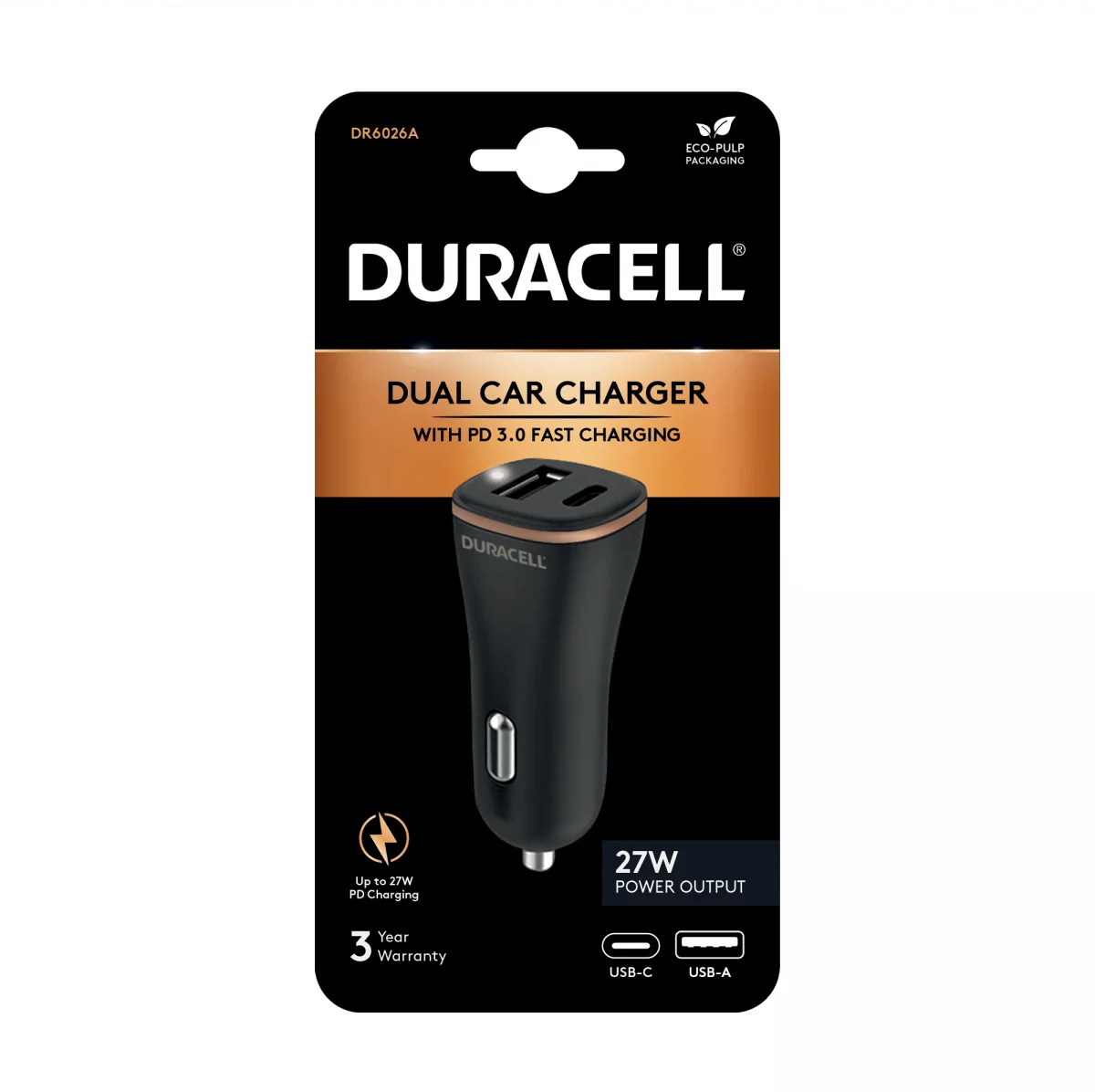Duracell 27W USB-C en USB-A Power Delivery Autolader Zwart afbeelding 2