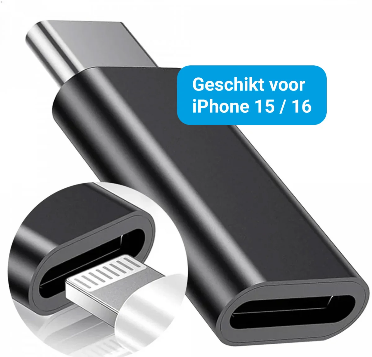 Lightning naar USB - C Adapter 60W voor iPhone 15 / 16 Serie Zwart afbeelding 1