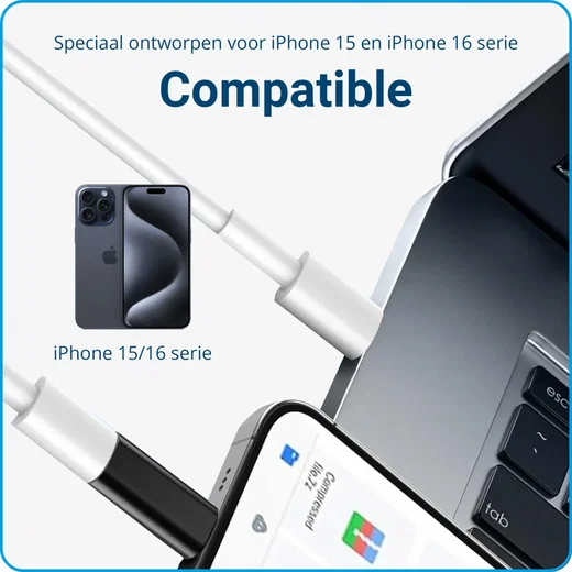 Lightning naar USB - C Adapter 60W voor iPhone 15 / 16 Serie Wit afbeelding 5