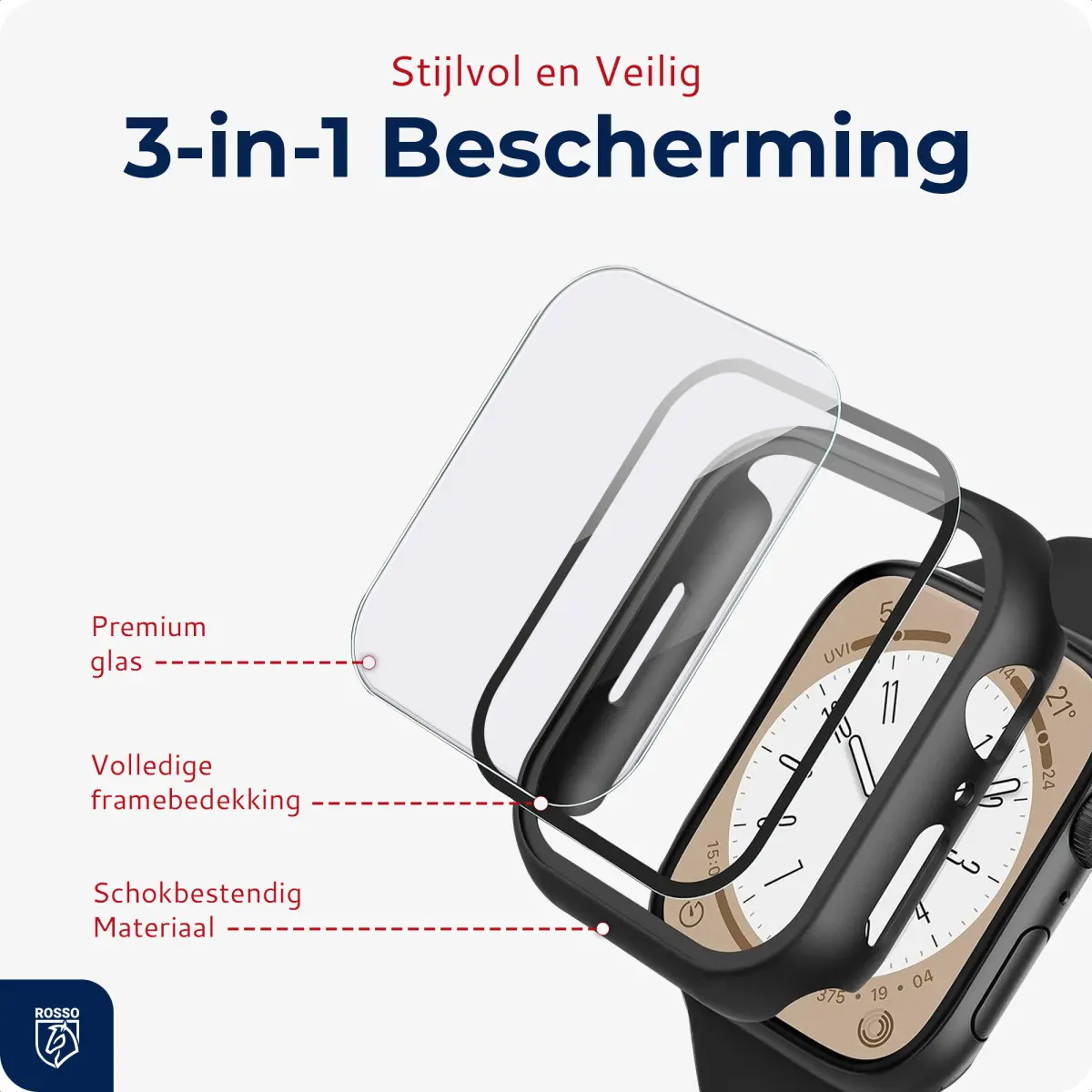 Rosso Apple Watch 45MM Tempered Glass Screen Protector met Hoesje Zwart afbeelding 2