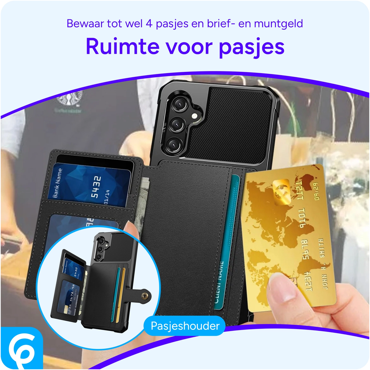 Samsung Galaxy A16 Hoesje 3-in-1 Pasjes Portemonnee Back Cover Zwart afbeelding 5