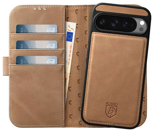 Rosso Elite Google Pixel 9 Pro XL Hoesje MagSafe Book Case Echt Leer Lichtbruin afbeelding 1