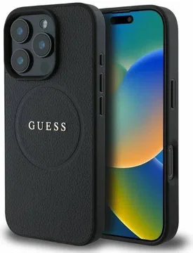 Guess Grained Gold Ring iPhone 16 Pro Hoesje MagSafe Back Cover Zwart