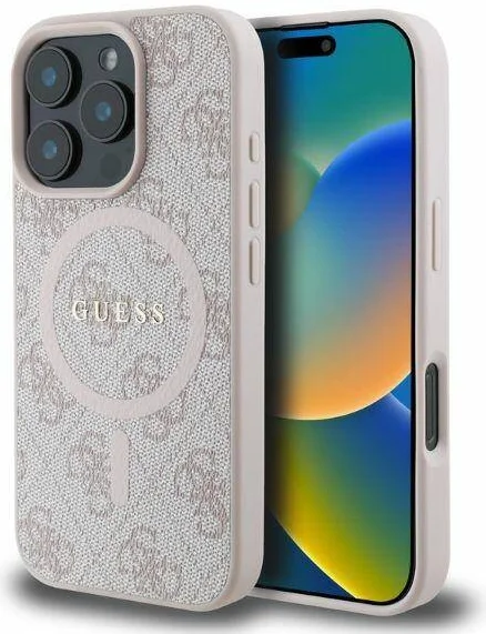 Guess 4G Ring Classic Logo iPhone 16 Pro Hoesje MagSafe Back Cover Roze afbeelding 1