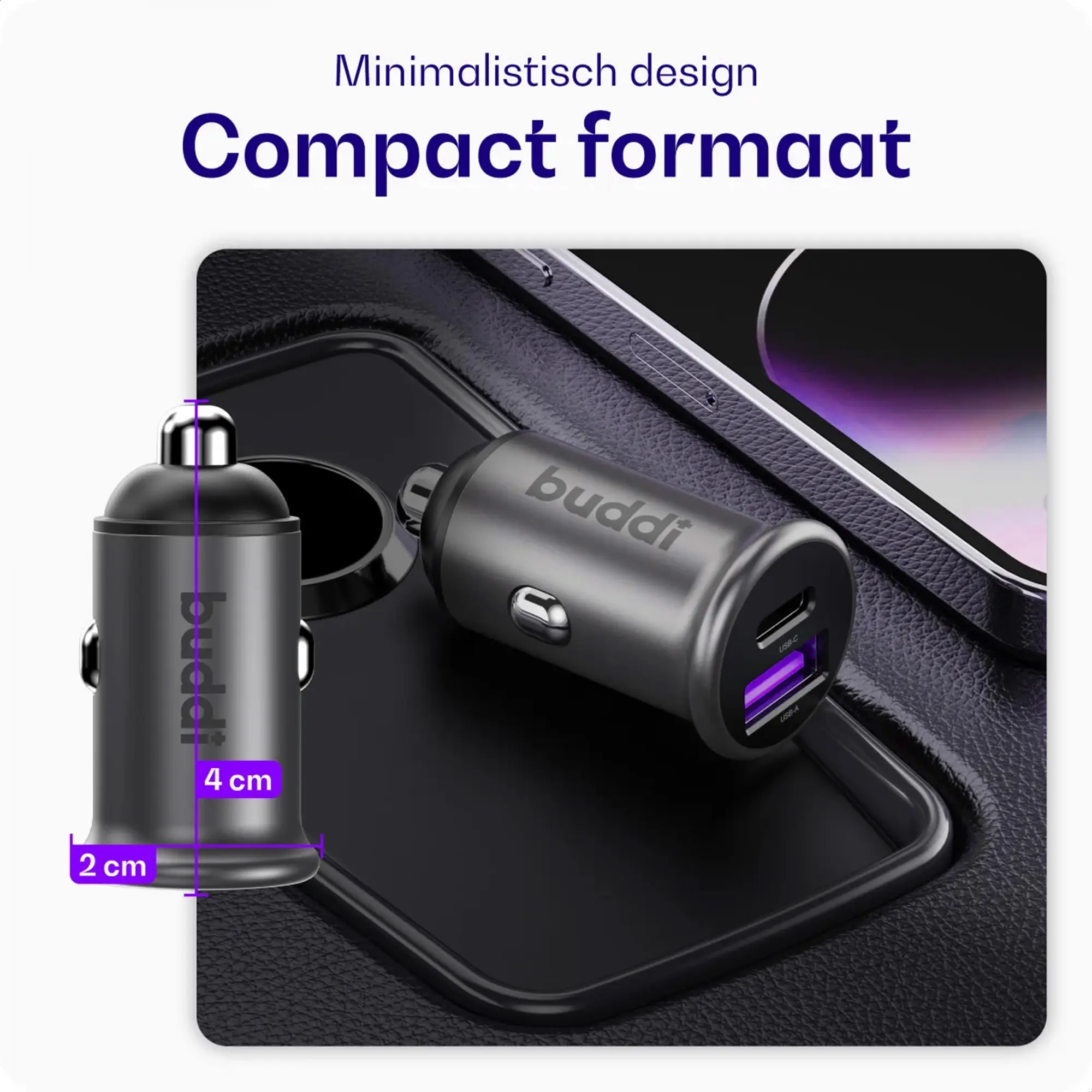 Buddi Power 45W Autolader USB-A + C Poort met Snelladen Grijs afbeelding 4