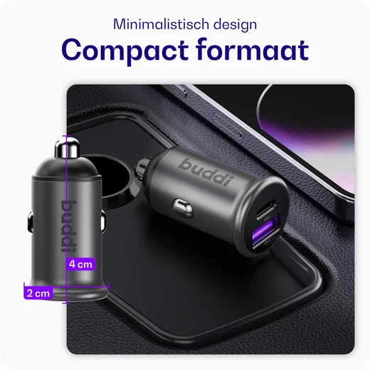 Buddi Power 45W Autolader USB-A + C Poort met Snelladen Grijs afbeelding 4