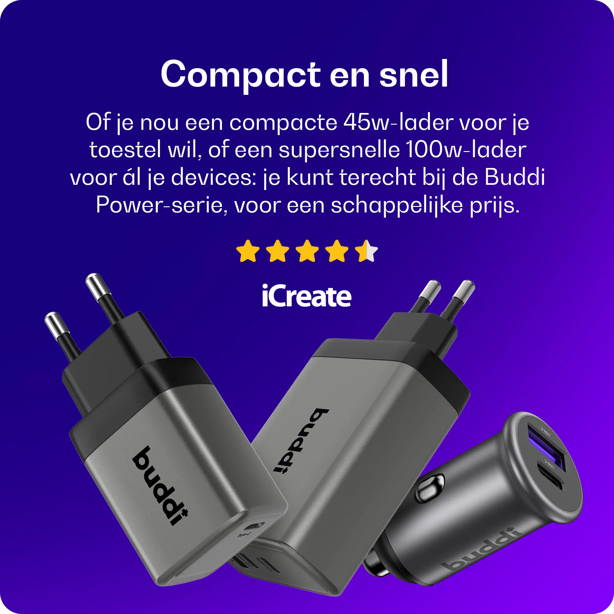 Buddi Power 45W Autolader USB-A + C Poort met Snelladen Grijs afbeelding 3