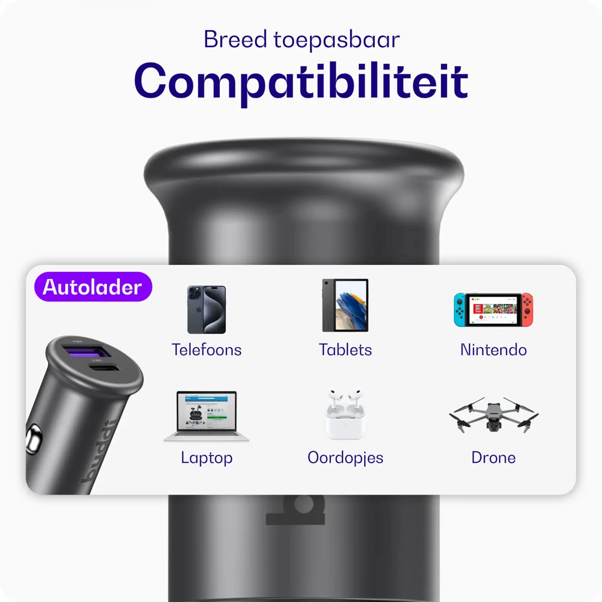 Buddi Power 45W Autolader USB-A + C Poort met Snelladen Grijs afbeelding 7