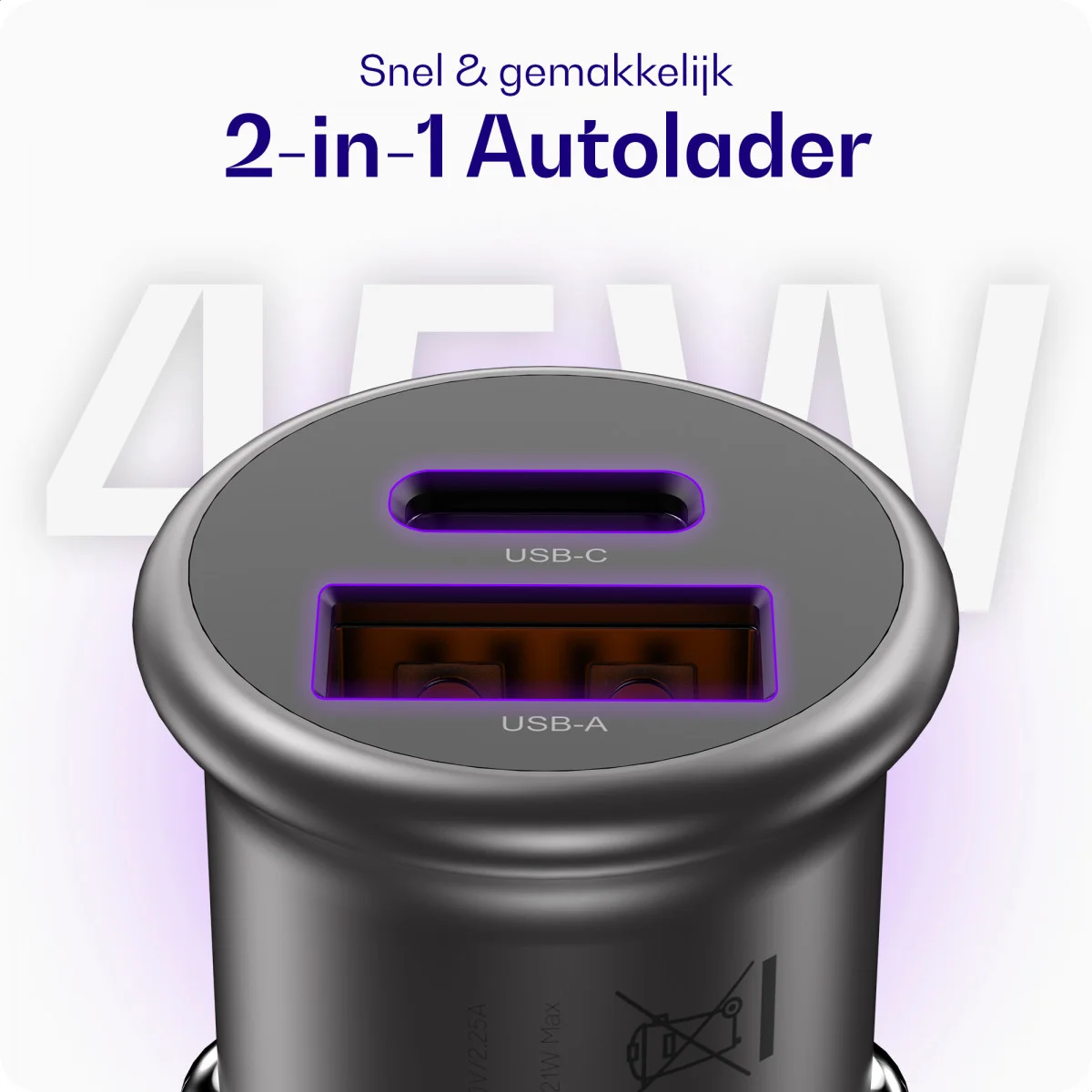 Buddi Power 45W Autolader USB-A + C Poort met Snelladen Grijs afbeelding 2