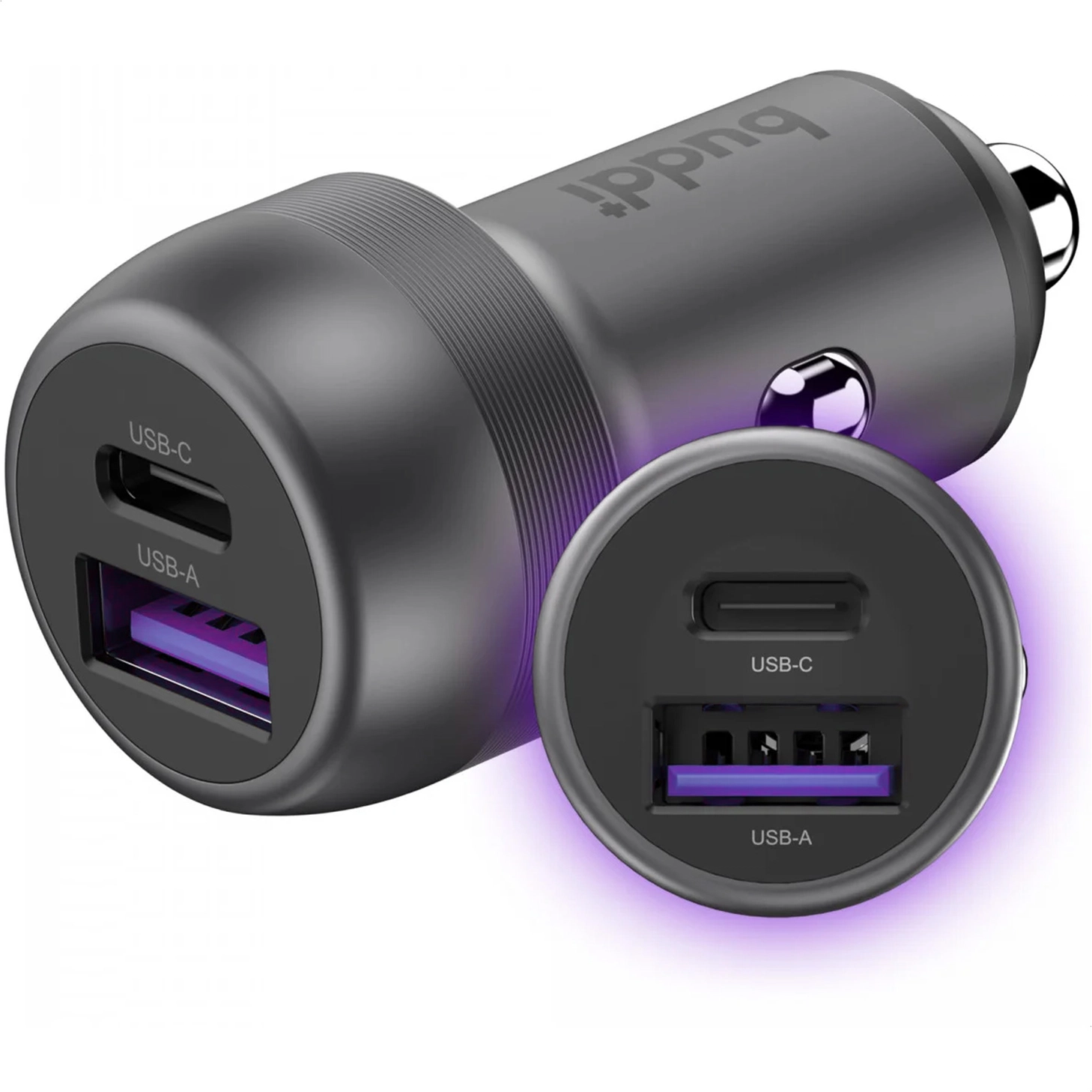 Buddi Power 89W Autolader USB-A + C Poort met Snelladen Grijs afbeelding 1