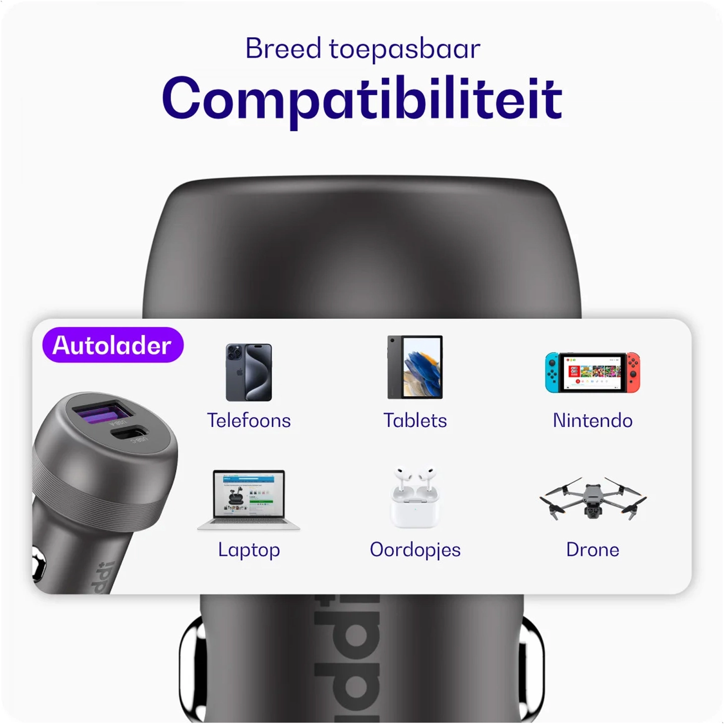 Buddi Power 89W Autolader USB-A + C Poort met Snelladen Grijs afbeelding 4
