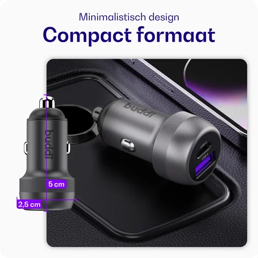 Buddi Power 89W Autolader USB-A + C Poort met Snelladen Grijs afbeelding 6