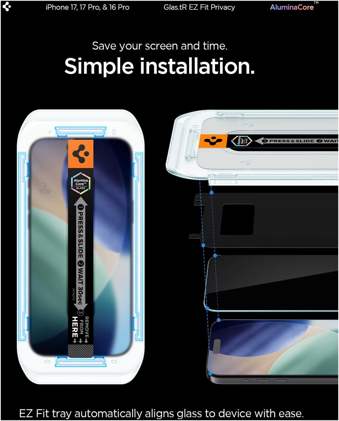 Spigen EZ Fit GLAS.tR iPhone 17 Pro / 17 / 16 Pro Privacy Glass 2-Pack afbeelding 7