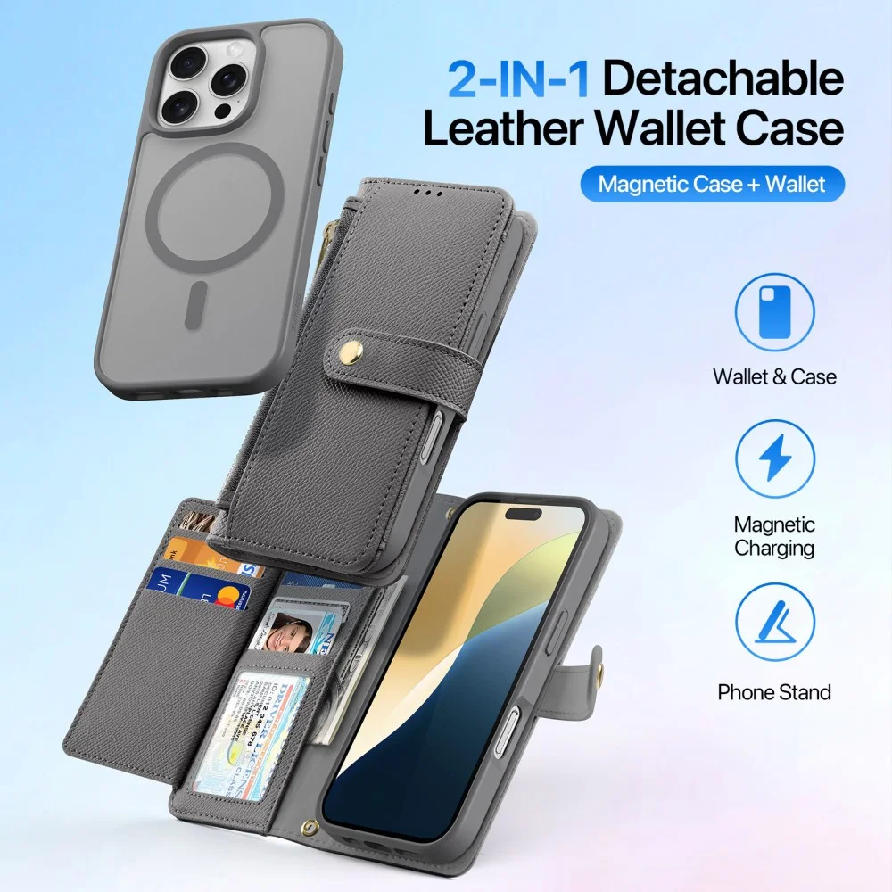 Dux Ducis Lawa Apple iPhone 16 Pro Hoesje 2-in-1 Wallet Book Case MagSafe Grijs afbeelding 3
