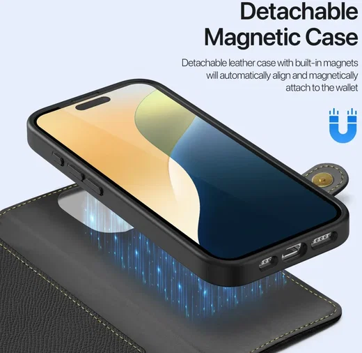WIIUKA Hoes voor iPhone 16 Pro, leer uit Duitsland, met kaartenvak, extra dun, telefoonhoes met standfunctie, zwart