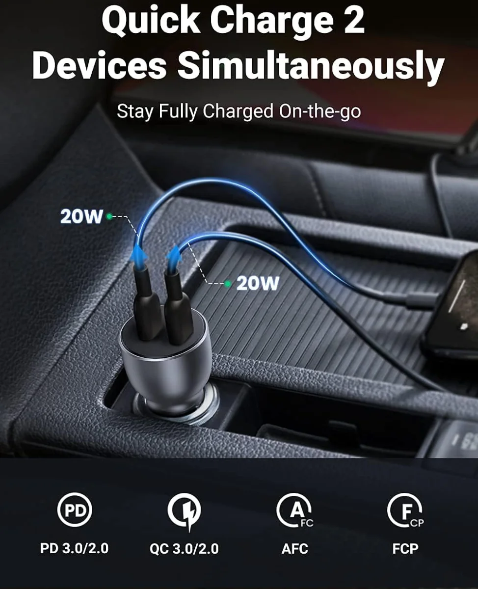 UGREEN 40W Dual USB-C Auto Oplader Quick Charge PD 3.0 Grijs afbeelding 2