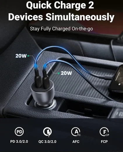 UGREEN 40W Dual USB-C Auto Oplader Quick Charge PD 3.0 Grijs afbeelding 2