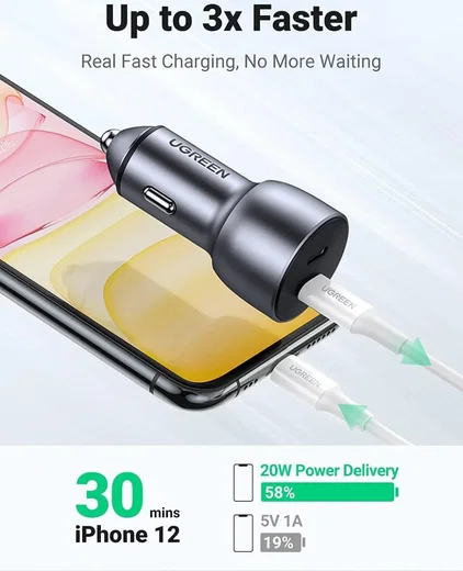 UGREEN 40W Dual USB-C Auto Oplader Quick Charge PD 3.0 Grijs afbeelding 3