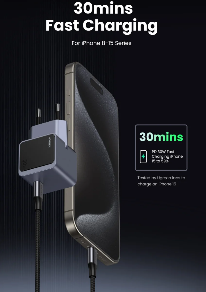 UGREEN Nexode Air 30W PD USB-C Snellader GaN Adapter Grijs afbeelding 4