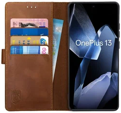 Rosso Deluxe OnePlus 13 Hoesje Echt Leer Book Case Bruin afbeelding
