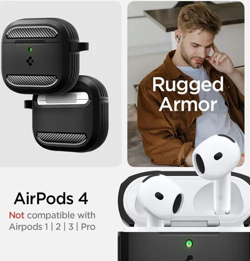 Spigen Rugged Armor Apple AirPods 4 Hoesje Carbon Fiber Zwart afbeelding 3