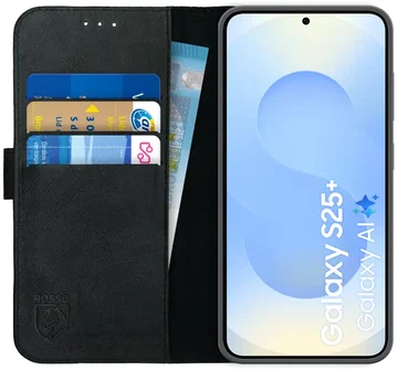 Rosso Deluxe Samsung Galaxy S25 Plus Hoesje Echt Leer Book Case Zwart