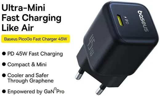 Baseus PicoGo GaN 45W Compacte Fast Charger USB-C Zwart afbeelding 2
