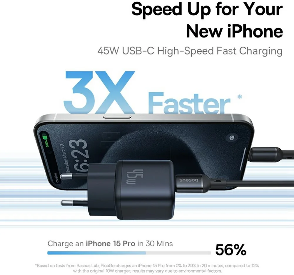 Baseus PicoGo GaN 45W Compacte Fast Charger USB-C Zwart afbeelding 3