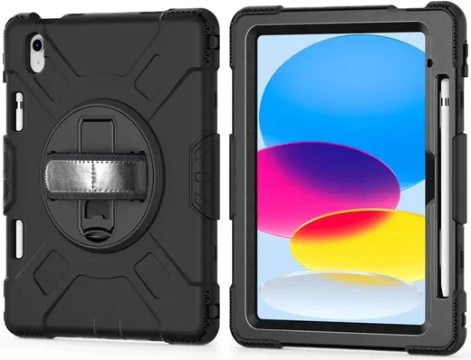 iPad 11 (2025) /10.9 (2022) Hoes met Handriem & 360° Standaard Zwart Back Cover afbeelding 1