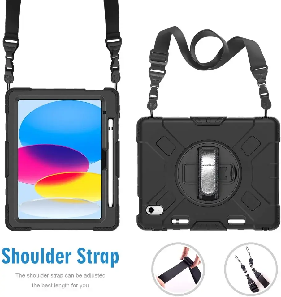 iPad 11 (2025) /10.9 (2022) Hoes met Handriem & 360° Standaard Zwart Back Cover afbeelding 10