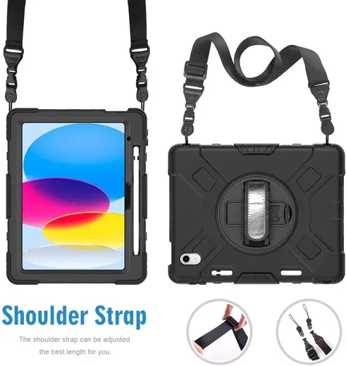 iPad 11 (2025) /10.9 (2022) Hoes met Handriem & 360° Standaard Zwart Back Cover afbeelding 10