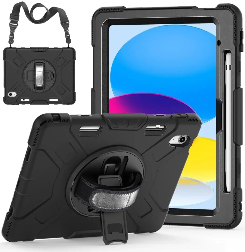 iPad 11 (2025) /10.9 (2022) Hoes met Handriem & 360° Standaard Zwart Back Cover afbeelding 2