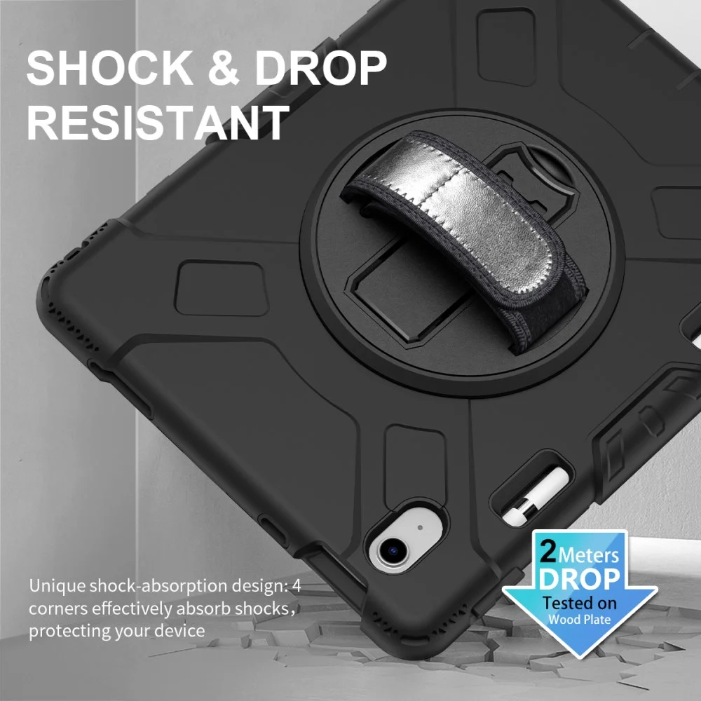 iPad 11 (2025) /10.9 (2022) Hoes met Handriem & 360° Standaard Zwart Back Cover afbeelding 5